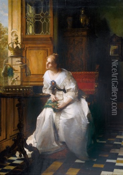 Frau Am Fenster Mit Stieglitzen Im Kafig Oil Painting - Pierre Charles Comte
