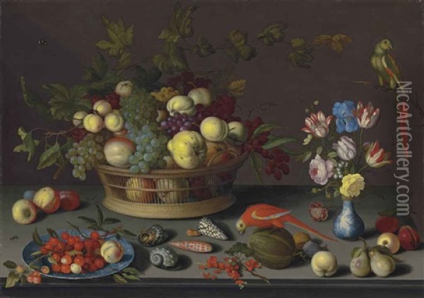 Grapes And Other Fruit In A Basket, Cherries And A Peach On A Delft Plate, Tulips, Irises And Other Flowers In A Wan-li Vase, Shells, And Other Fruit On A Stone Table, With Parrots Oil Painting - Balthasar Van Der Ast