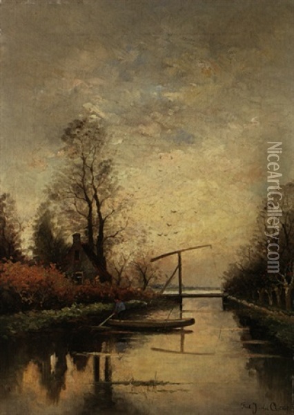 Seitenkanal Bei Abendstimmung Oil Painting - Fredericus Jacobus Van Rossum Du Chattel