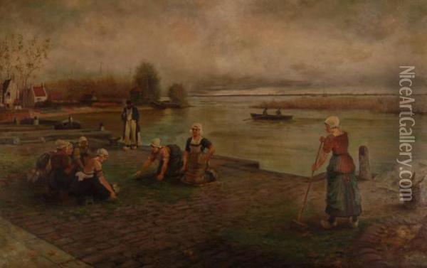 Dutch Women At The Harbour Oil Painting - Alice O. Clay