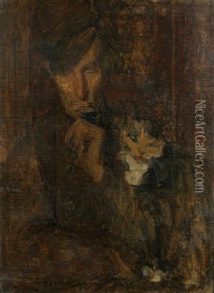 A Man With A Cat Oil Painting - Julia Beatrice How