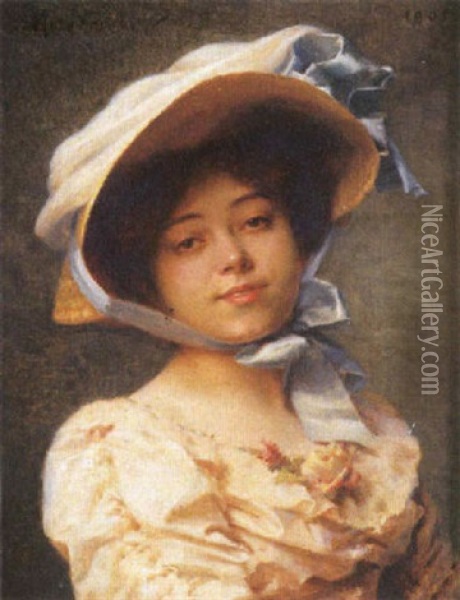 Jeune Femme Au Chapeau Oil Painting - Emile Pierre Metzmacher