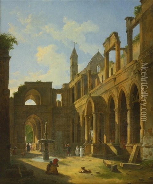 The Courtyard Of A Ruined Monastery Oil Painting - Jean-Baptiste Berlot