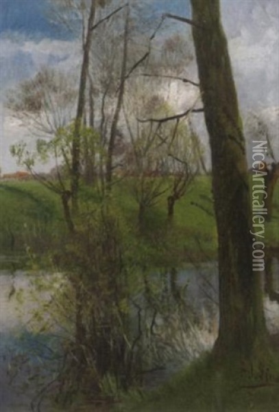 Sommerlandschaft Mit Bachlauf, Von Kopfweiden Gesaumt Oil Painting - Adolf Lins
