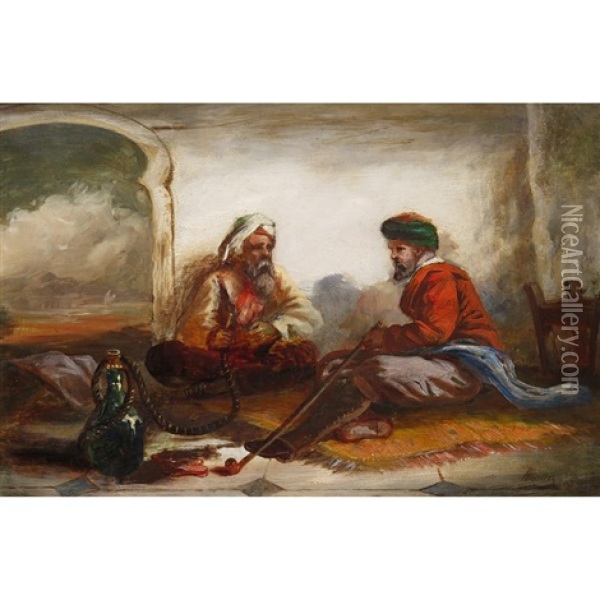 Two Middle-eastern Merchants Seated On A Mat, Smoking Oil Painting - William James Mueller