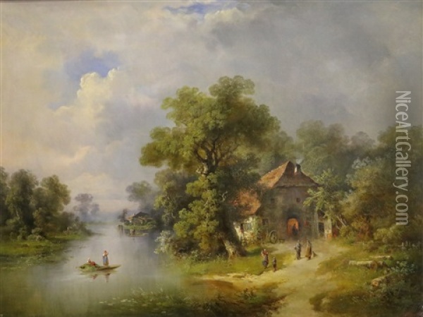 Landschap Met Figuren Bij Een Boerenhuis Oil Painting - Guido Hampe