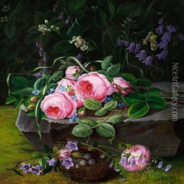 A Bunch Of Pink Roses And Forget-me-nots On A Stone In The Forest Floor Oil Painting - Christine Normann