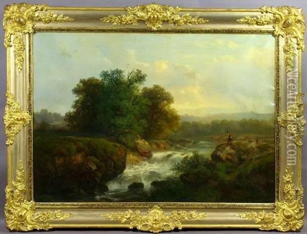 California River Landscape With Figures And Animals Oil Painting - Herman Herzog