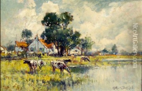 Cattle Watering Oil Painting - Arthur Vidal Diehl