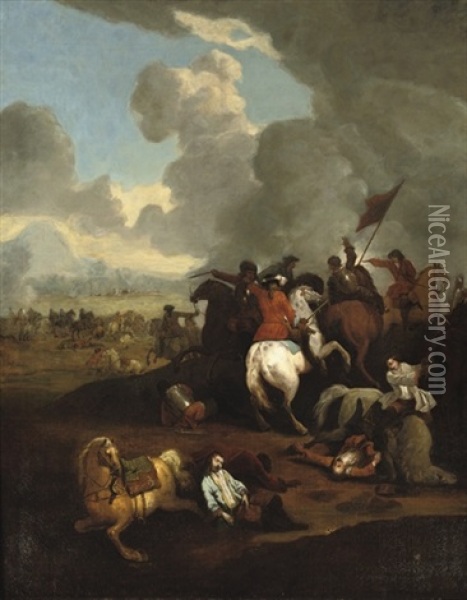 A Cavalry Skirmish In An Extensive Hilly Landscape Oil Painting - Jan van Huchtenburg