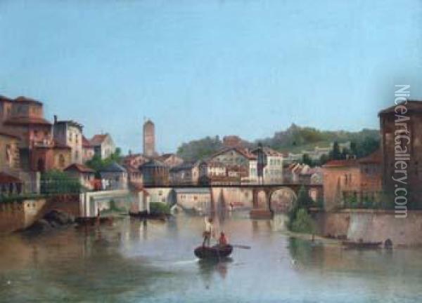 Italian River Scene Oil Painting - P. Mellini