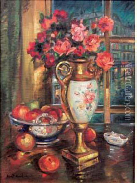 Bouquet De Roses Et Coupe De Fruits Oil Painting - Konstantin Alexeievitch Korovin