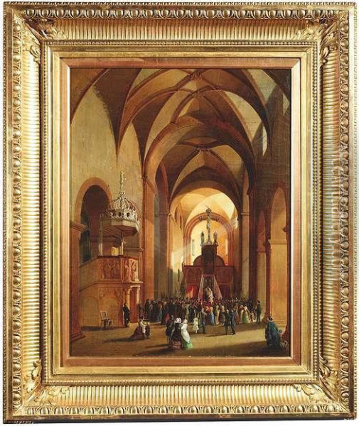 Interior Of Wechselburg Basilica With A Marriage-ceremony Oil Painting - Gustav Adolf Hahn