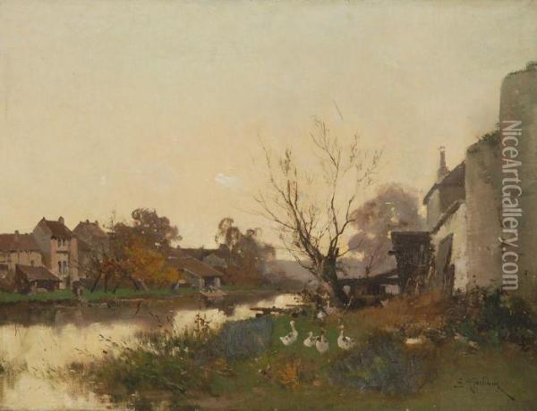 Rural European Townscape With River. Oil Painting - Eugene Galien-Laloue
