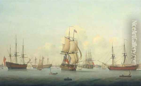 A panorama of Portsmouth harbour, with a flagship of the Red Squadron making sail as she departs Oil Painting - Thomas Elliott