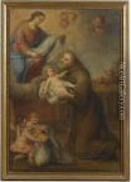 The Virgin Mary And Saint Felix Of Cantalice Holding The Infantjesus In His Arms Oil Painting - Bartolome Esteban Murillo