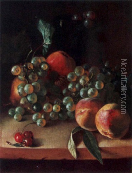 A Still Life With Peaches, Grapes, Cherries, A Walnut, A Pear, An Apple And A Glass, All On A Stone Ledge Oil Painting - Jan van Os