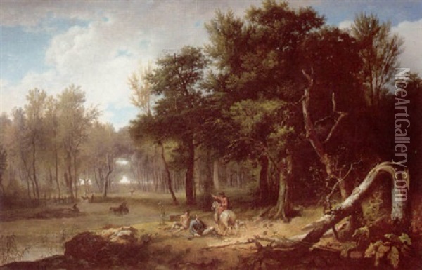 Wooded Landscape With Huntsmen Resting In A Glade Beside A Pond Oil Painting - Jean Francois Hue