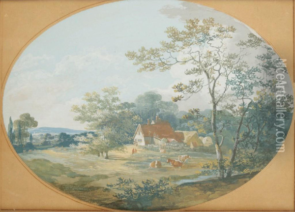 A Pastoral Landscape With Cows And A Farmstead Oil Painting - John Laporte
