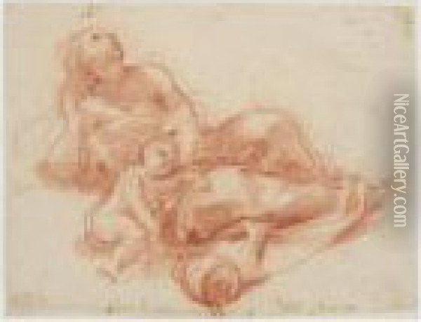 Reclining Woman With A Child And Urn Oil Painting - Pietro Da Cortona (Barrettini)