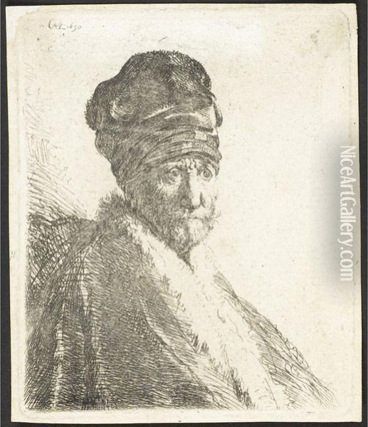 Bust Of A Man Wearing A High Cap Oil Painting - Rembrandt Van Rijn