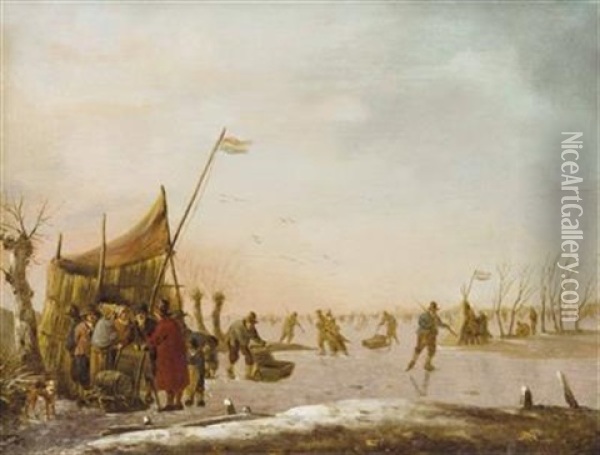 Eisvergnugen - Winterlandschaft Mit Zugefrorenem Gewasser Und Reicher Figurenstaffage Oil Painting - Heinrich Wilhelm Schweickardt