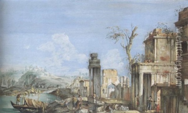 A Capriccio Lake Landscape With Ruins And Figures By A Well Oil Painting - Giuseppe Bernardino Bison