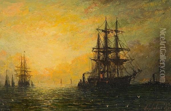 Sailing Vessels At Sunset Oil Painting - Adolphus Knell