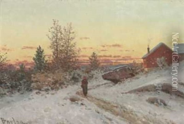 Vinterlandskap Med Hus Oil Painting - Philip Barlag