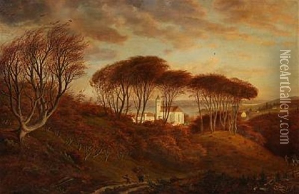 Landscape With Mariager Church In Jutland Oil Painting - Niels Groenbek Rademacher