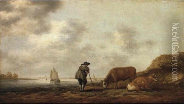 Cowherd Leaning On A Stick Herding A Bull And Cow By A River Bank Oil Painting - Aelbert Cuyp