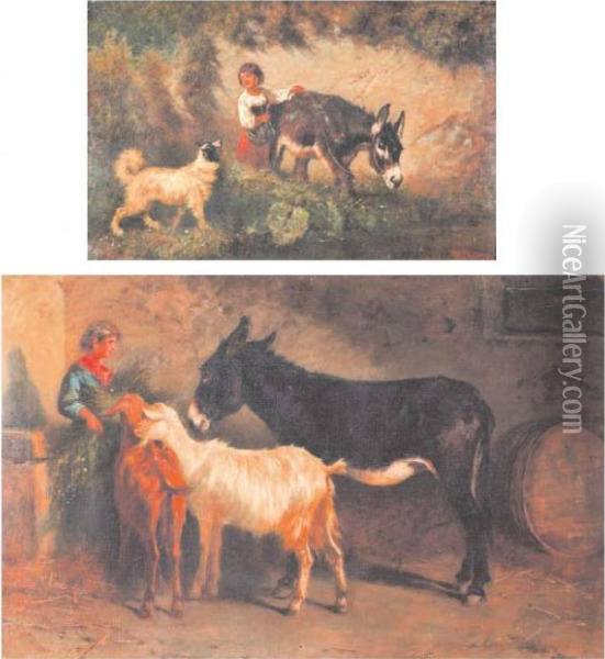 Pastorella Con Cane E Asinello - Interno Di Stalla Con Pastorella Caprette E Asinello Oil Painting - Antonio Milone