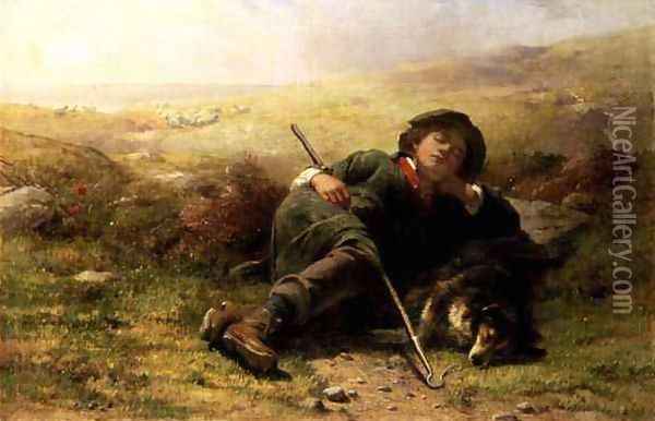 A Shepherd Boy and His Sheep Dog Neglecting Their Duty Oil Painting - James John Hill