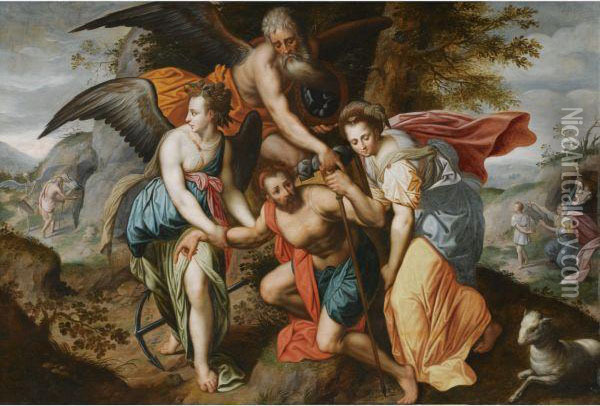 Man Carrying The Burdens Of Time, An Allegory Of The Four Ages Ofman Oil Painting - Jacob I De Backer