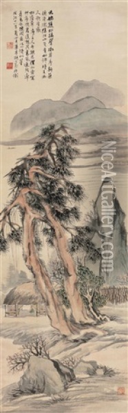 Double Pine Trees Oil Painting -  Hu Gongshou