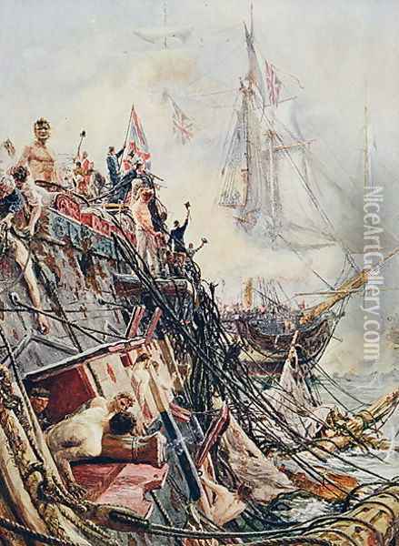 Crippled but unconquered: The Belleisle at the Battle of Trafalgar, 21st October 1805, from 'British Battles on Land and Sea' edited by Sir Evelyn Wood (1838-1919) first published 1915 Oil Painting - William Lionel Wyllie