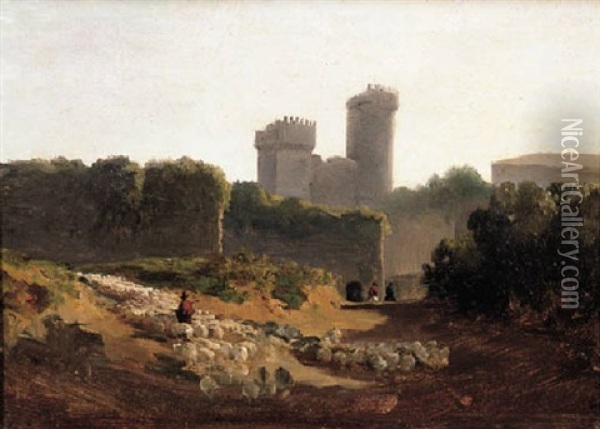 A Shepherd With His Sheep Outside A Castle's Walls Oil Painting - Jean Victor Bertin