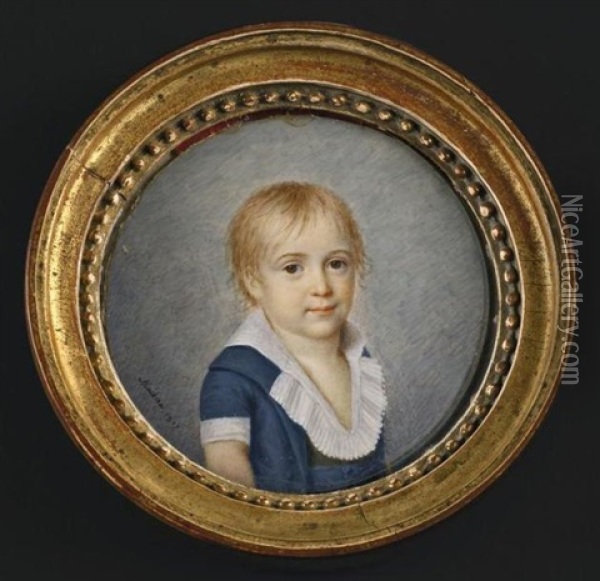 Portrait D'un Jeune Garcon En Habit Bleu Et Large Col Blanc En Buste Presque De Face Et Coiffe De Fines Meches Blondes Oil Painting - Ferdinand Machera