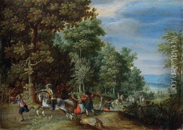 A Wooded Landscape With Travellers Ambushed On A Country Path Oil Painting - Christoffel van den Berge
