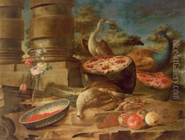 Stillleben Mit Vogeln Und Fruchten In Einem Garten, Natura Morta Di Frutta E Uccelli In Un Giardino Oil Painting - Felice Rubbiani