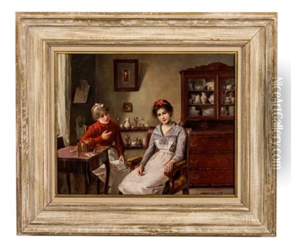 The Love Letter (interior With Two Women) Oil Painting - Alois Heinrich Priechenfried