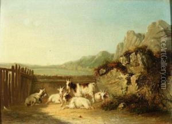 Ziegenherde In Einer Umzaunung Am Ufer Eines Sees Oil Painting - Josef Eduard Tetar Van Elven
