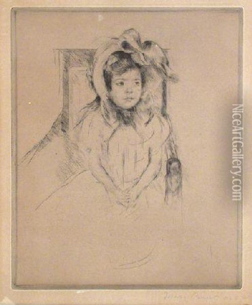 Margot Wearing A Large Bonnet, Seated In An Armchair (breeskin192) Oil Painting - Mary Cassatt