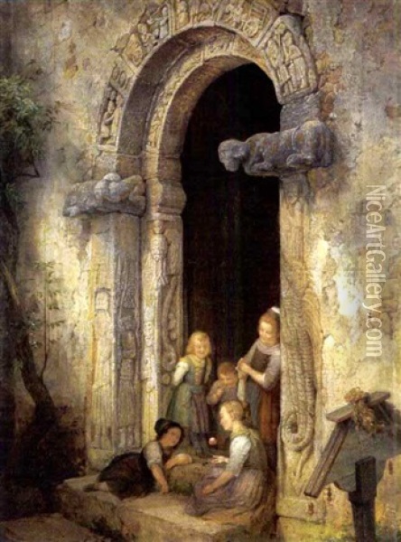 Spielende Kinder An Einem Romanischen Kirchentor Oil Painting - Karl (von den Rabenau) Engel