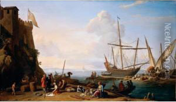 Mediterranean Harbour Scene With Merchants Selling Their Wares On The Quay Oil Painting - Adriaen Manglard