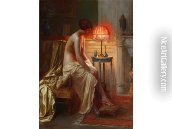 A Semi-nude Lady Seated Beside A Lamp In A Boudoir Oil Painting - Delphin Enjolras