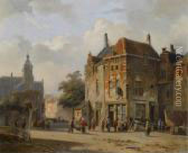 Figures In The Streets Of A Dutch Town Oil Painting - Adrianus Eversen