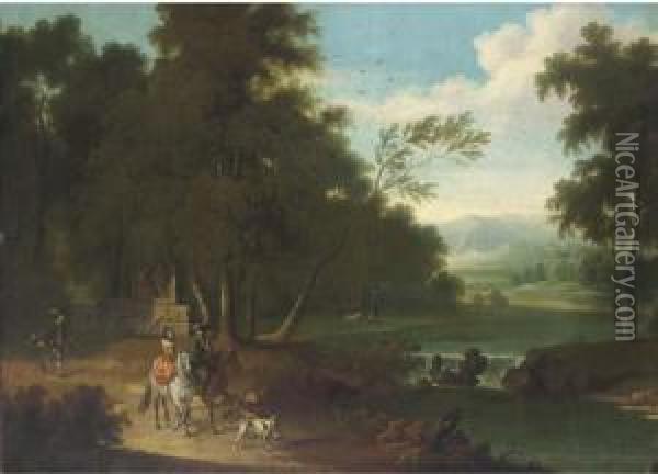 An Extensive Wooded River Landscape With A Hawking Party On Atrack Oil Painting - Joris van der Haagen or Hagen