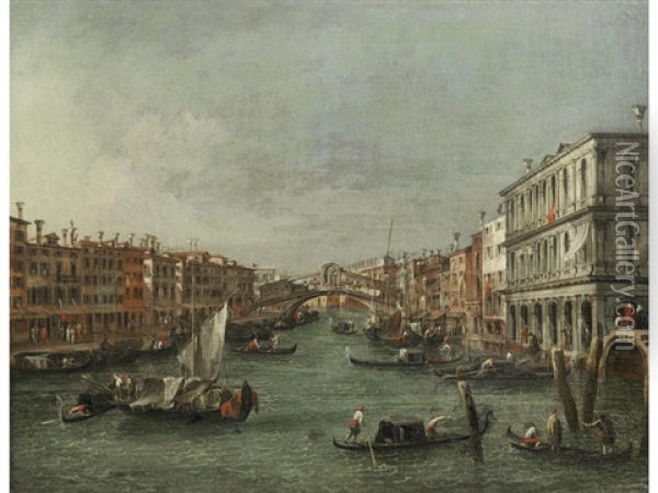 The Grand Canal, Venice, With The Rialto Bridge And The Riva Del Vin Oil Painting - Niccolo Guardi