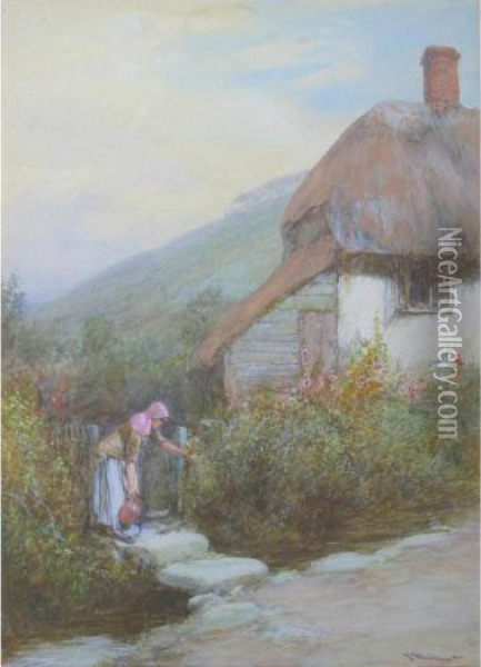 At The Garden Gate, Branscombe, East Devon Oil Painting - John White